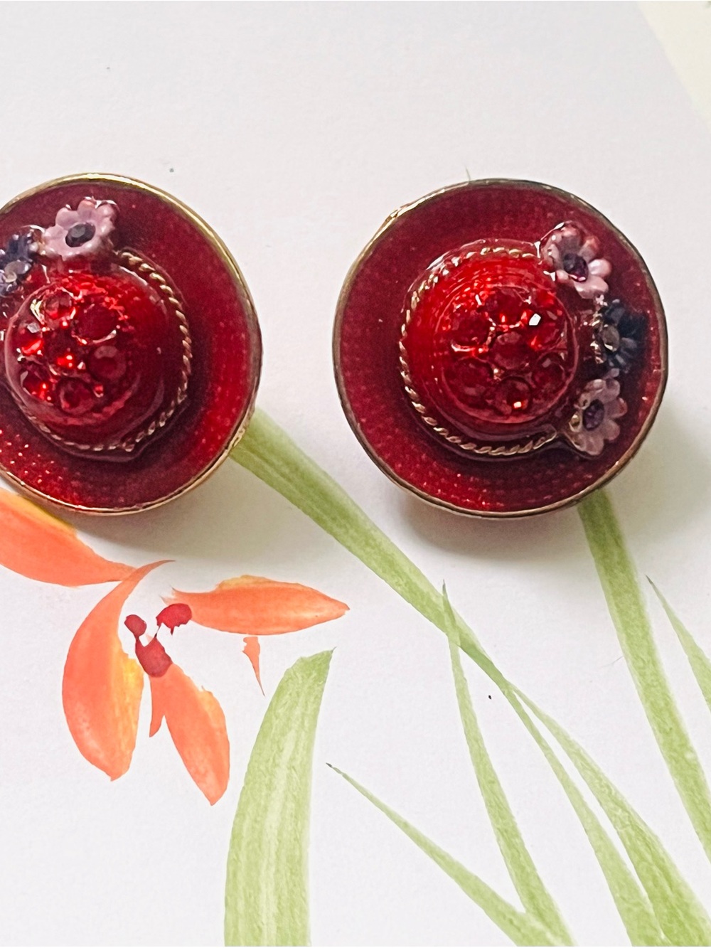 Red Floral Disc Earrings - Women Jewelry